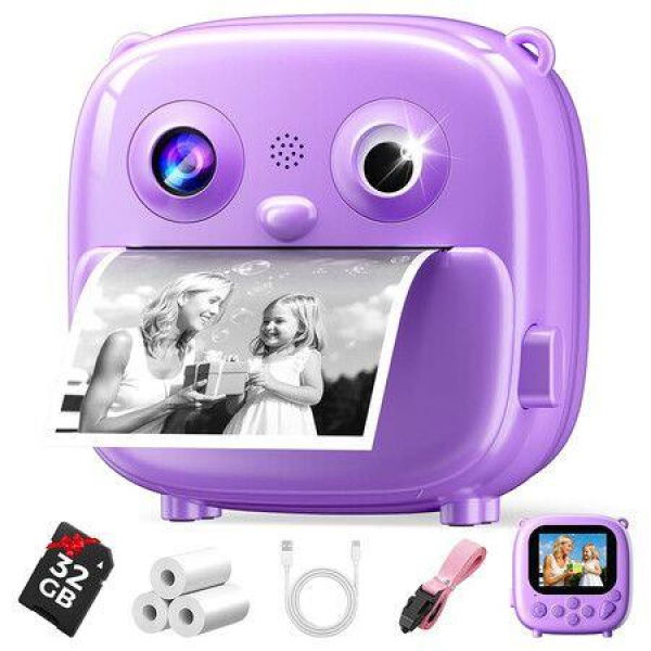 Kids Camera Instant Print with 32GB Card Christmas Birthday Gifts for Girls Boys,1080P HD Video Digital Camera with Photo Printing(Purple)