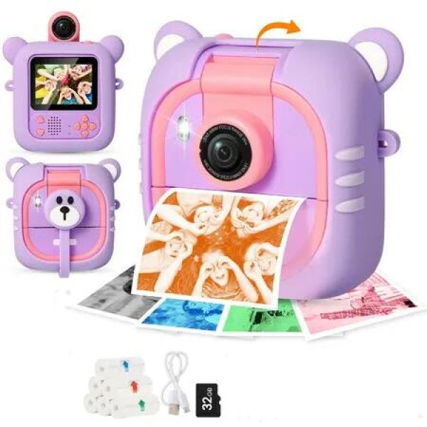 Kids Camera Instant Print with 7 Rolls Paper,2.4 Screen Instant Camera 1080P,180 Degree Flip Lens 32GB Card- Christmas Birthday Gift for Boys Girls-Purple