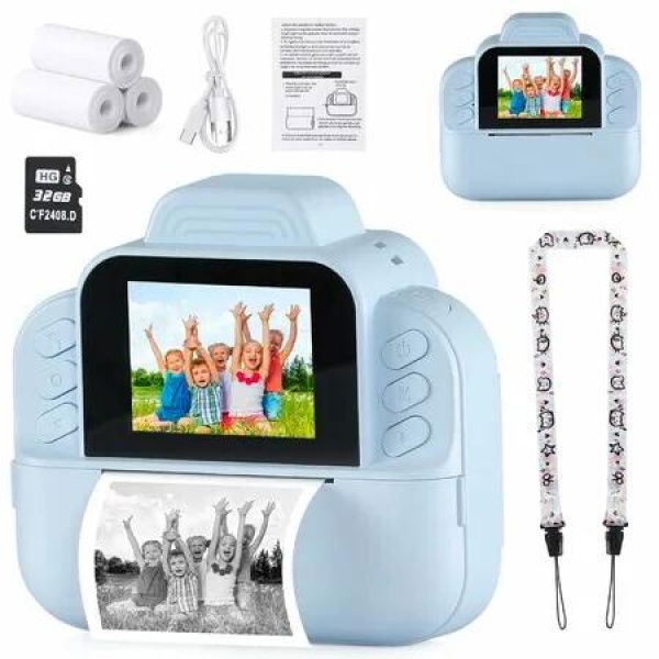 Kids Camera Instant Print,1080P HD Video Digital Camera Toy with 3 Rolls Paper & 32G Card,Christmas Birthday Gifts for Girls Boys-Blue