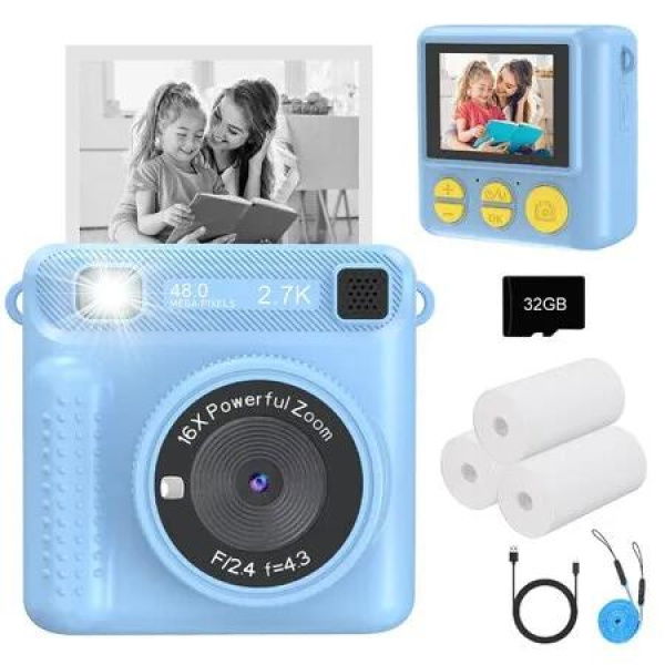 Kids Camera Instant Print,HD Digital Video,32GB SD Card,Portable Toy for Girls Boys Age 3+,Christmas Birthday Gifts (Blue)