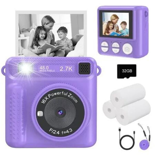 Kids Camera Instant Print,HD Digital Video,32GB SD Card,Portable Toy for Girls Boys Age 3+,Christmas Birthday Gifts (Purple)