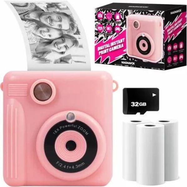Kids Camera with Low Cost Instant Print in Black and White, Print in Color from PC, Record 1080p Video, 32GB SD Card and 3 Rolls of Paper Included