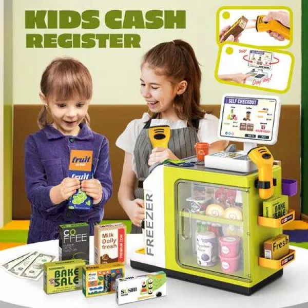 Kids Cash Register Playset Pretend Play Shops Scanner Electronic Checkout Cashier Toy Till POS Money Food Supermarket