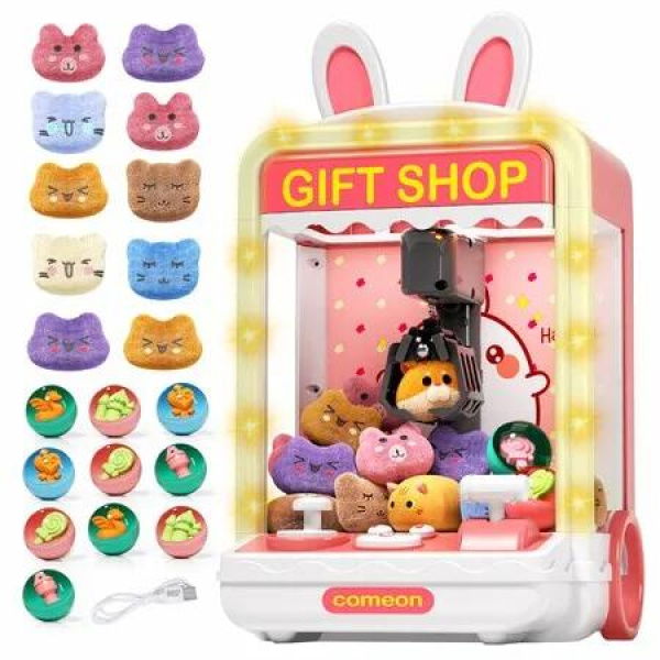 Kids Claw Machine,Mini Candy Vending Grabber,Prize Dispenser Toys,Electronic Claw Game Machine for Party Birthdays with Lights Sound,Includes 20 Plush and 10 Mini Toys