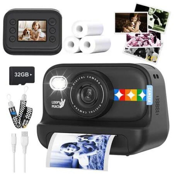 Kids Color Instant Print Camera, Kids Camera with 3 Photo Paper, 32G Card, Christmas or Birthday Gifts for Girls and Boys Ages 3 to 12, Black