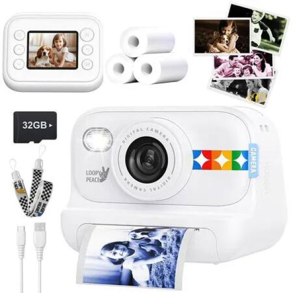 Kids Color Instant Print Camera, Kids Camera with 3 Photo Paper, 32G Card, Christmas or Birthday Gifts for Girls and Boys Ages 3 to 12, White