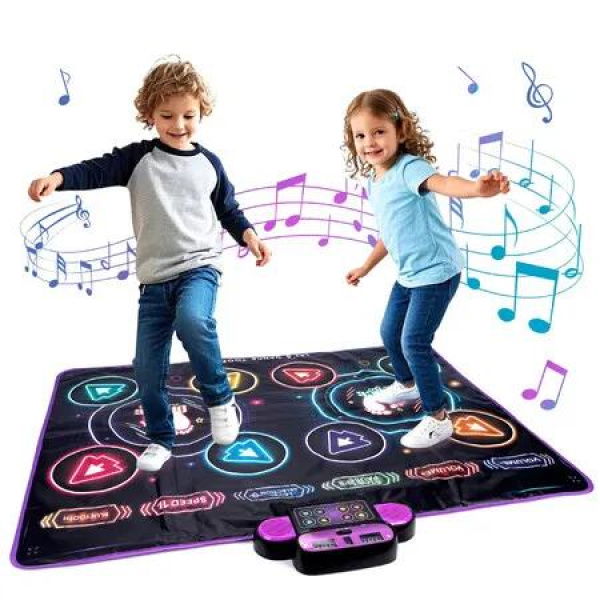 Kids Dance Mat Connected Double Player Dance Mat LED-Lit Rhythm Tracking System,5-Level Difficulty Modes Foldable Washable Surface Design