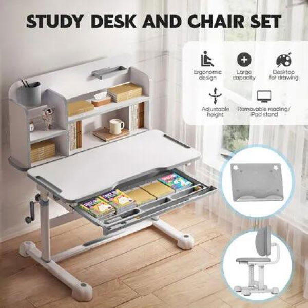 Kids Desk and Chair Set Ergonomic Children Study Writing Table Height Adjustable Stationery Storage Book Shelf Drawer School Student Drawing Learning