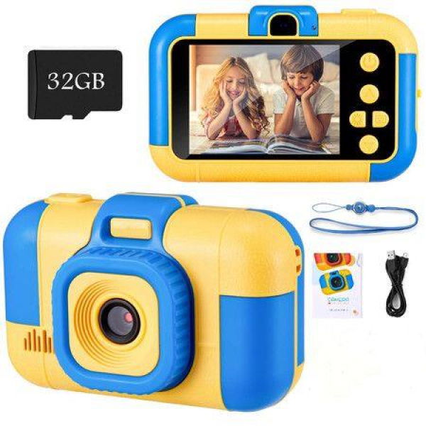 Kids Digital Camera Video Camcorder Dual Lens 1080P 2.4 Inch HD With 32GB Micro SD Card For Toddlers - Blue.