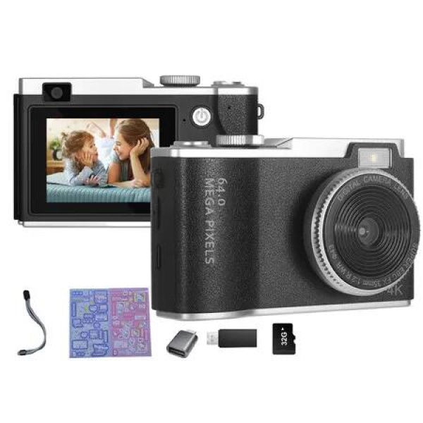 Kids Digital Camera,2.4 Inch TFT Display CCD Camera,32GB Card,48MP 8X Digital Zoom,Compact Retro Camera,Black