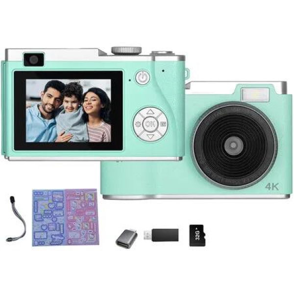 Kids Digital Camera,2.4 Inch TFT Display CCD Camera,32GB Card,48MP 8X Digital Zoom,Compact Retro Camera,Green