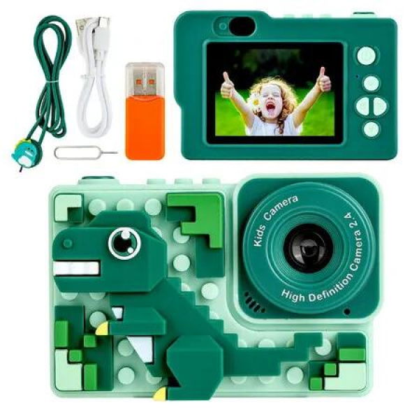 Kids Digital Video Toy Camera with Dino Silicone Building Blocks,Selfie Camera for Kids, Christmas Birthday Festival Gifts for Ages 6+