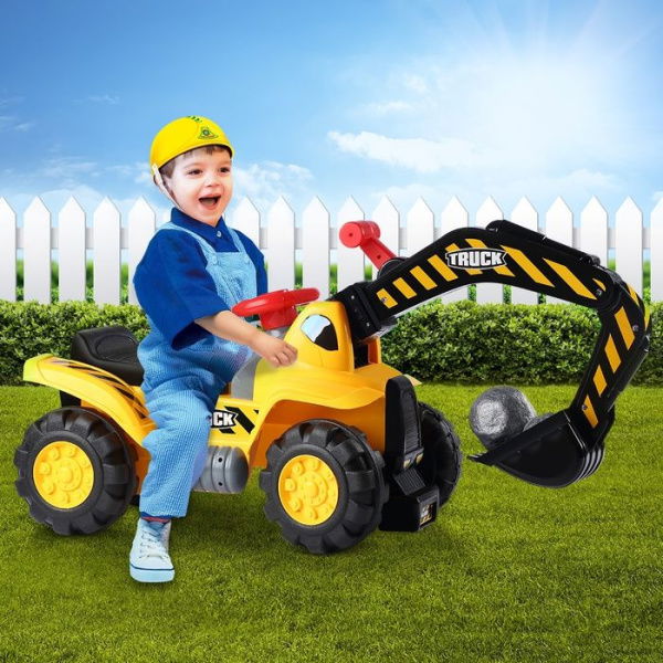 Kids Excavator Ride-On Digger Bulldozer Loader Car With Toy Stones & Safety Helmet.