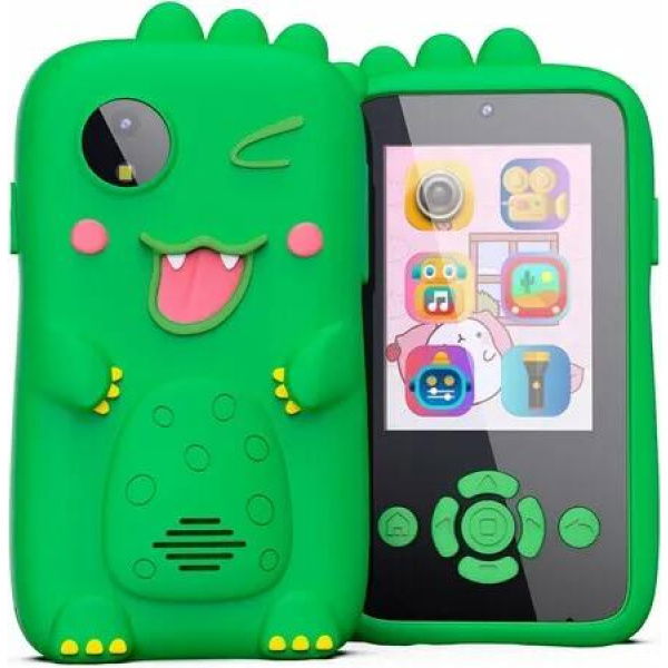 Kids Fake Phone 4800 pixel Digital Camera Toy Girls Boys MP3 Music Player Dual Camera with 32G card Christmas Gifts Dino Col. Green