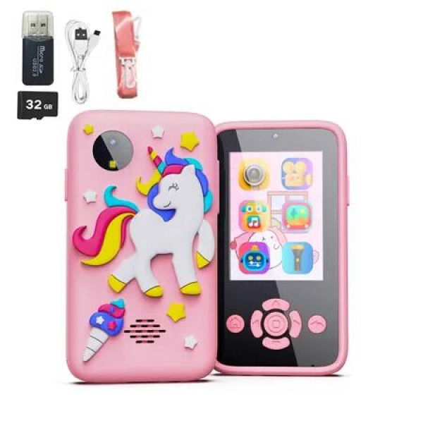 Kids Fake Phone 4800 pixel Digital Camera Toy Girls Boys MP3 Music Player Dual Camera with 32G card Unicorn Christmas Gifts Col. Pink