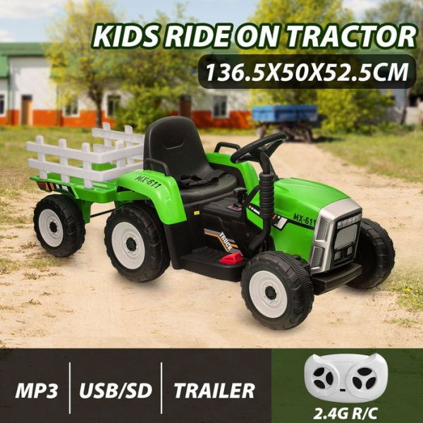 Kids Farm Tractor Electric Ride-On Toys 2.4G R/C Remote Control Cars With Trailer - Green.