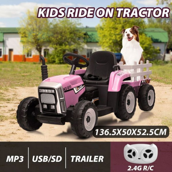 Kids Farm Tractor Electric Ride-On Toys 2.4G R/C Remote Control Cars With Trailer - Pink.