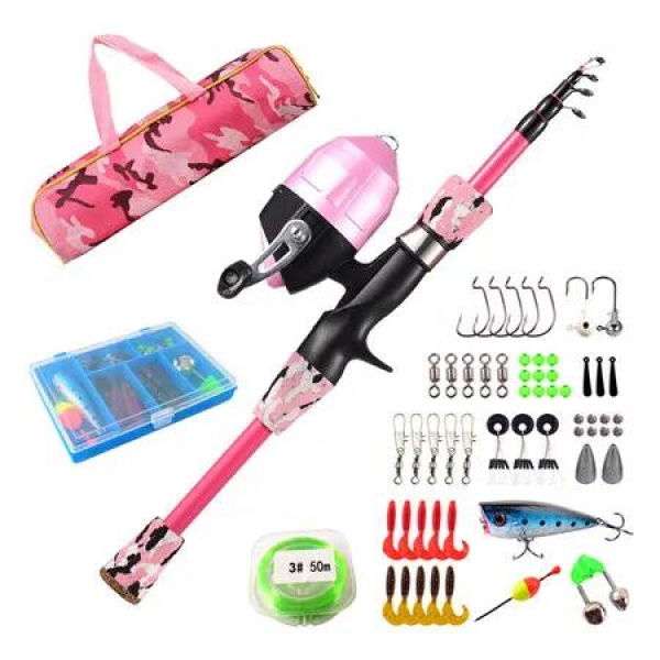 Kids Fishing Pole Portable Telescopic Fishing Rod and Reel Combo Kit for Boys, Girls with Fishing Reel, Fishing Tackles (Pink)