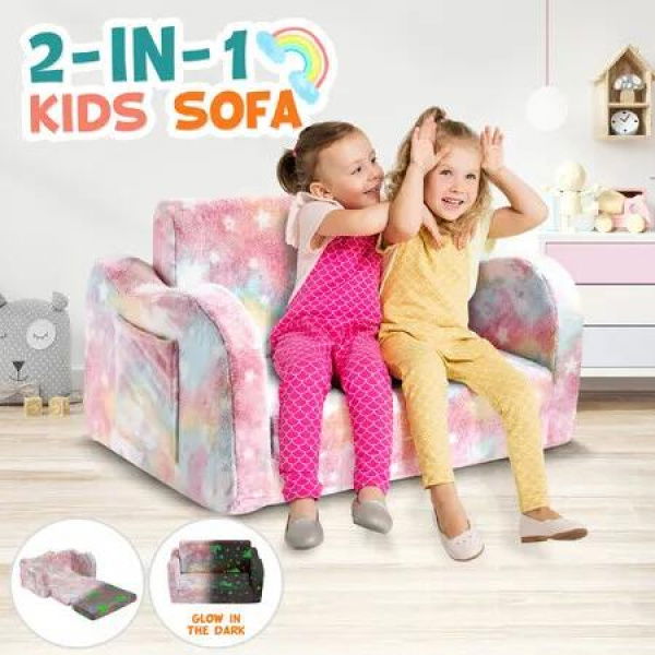 Kids Flip Out Sofa Convertible Couch Lounge Chair Fold Comfy Toddler Bed 2 Seater Childrens Armchair Storage Glow in The Dark