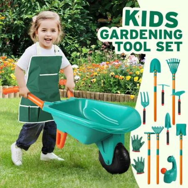 Kids Garden Tool Toy Playset Wheelbarrow Rake Hoe Shovel Plough Trowel Watering Can Gardening Gloves Apron Outdoor Educational Learning