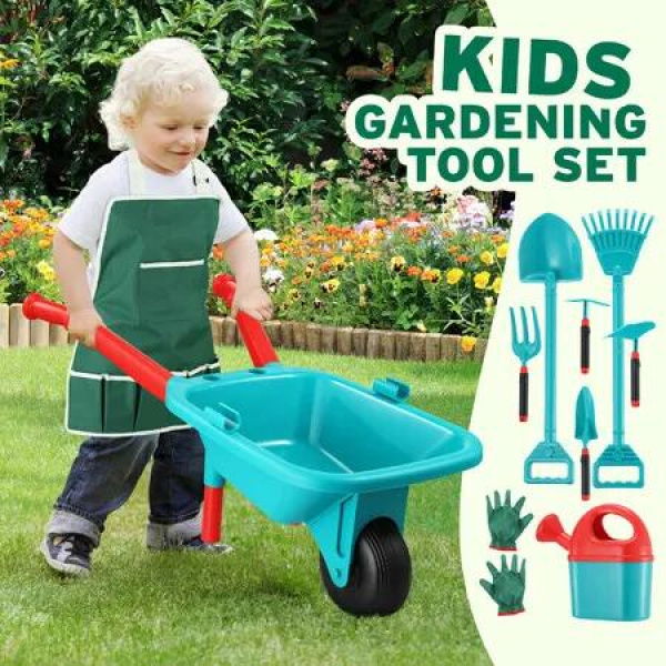 Kids Garden Tool Toy Set Wheelbarrow Watering Can Gardening Gloves Playset Outdoor Utility Cart Apron Trowel Rake Shovel