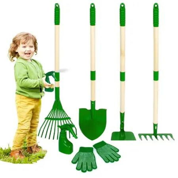 Kids Gardening Tools Set 6pcs Wheelbarrow Set for Kids with Shovel,Rake,Leaf Rake,Summer Outdoor Yard Digging Weed Birthday Gifts Toys