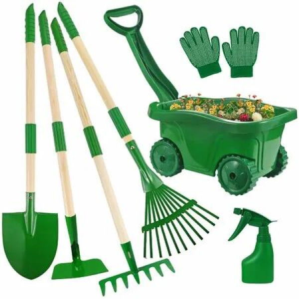 Kids Gardening Tools Set 7pcs Wheelbarrow Set for Kids with Shovel,Rake,Leaf Rake,Summer Outdoor Yard Digging Weed Birthday Gifts Toys
