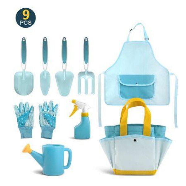 Kids Gardening Tools Toy Set 9PCS Toddler Gardening Set Children Watering Can Gloves Shovel Rake Fork Apron Sprayer.