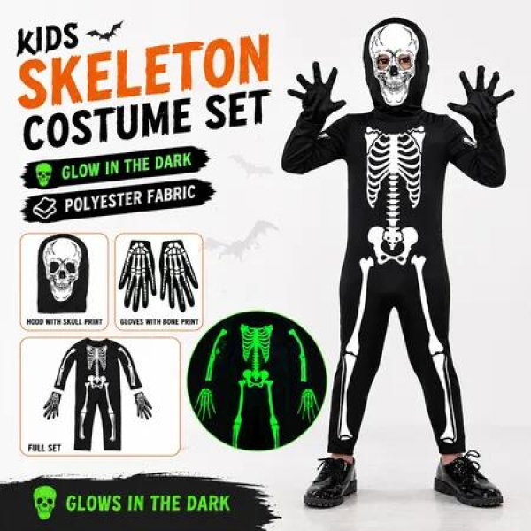Kids Glow In The Dark Skeleton Halloween Costume Hooded Jumpsuit With Gloves Luminous Bone Print Fancy Halloween Dress Party Outfit Size XL