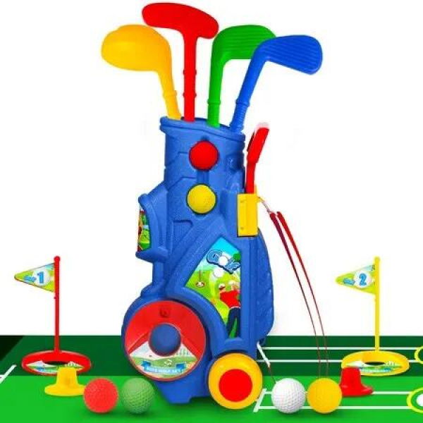 Kids Golf Club Set Indoor Outdoor Sports Toys Boys Girls Ages 3+ Christmas Birthday Gift Toddler 4 Clubs 8 Balls 2 Practice Holes Shoulder Strap Fun Play