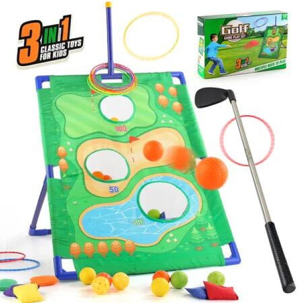 Kids Golf Game Set Throwing Golfing Activity Clubs Balls Ferrules Sandbags Indoor Outdoor Play Educational Entertainment Birthday Gift