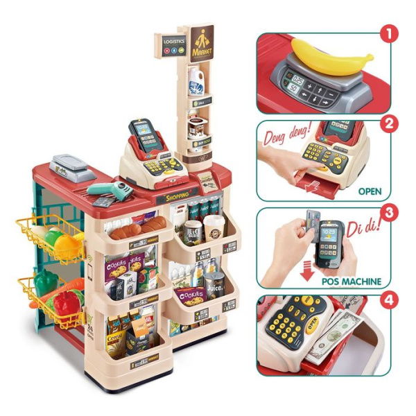 Kids Imagine Develop Toy - 48 Pcs Supermarket Pretend Play Set With Good Trolley Scanner POS Machine Etc.