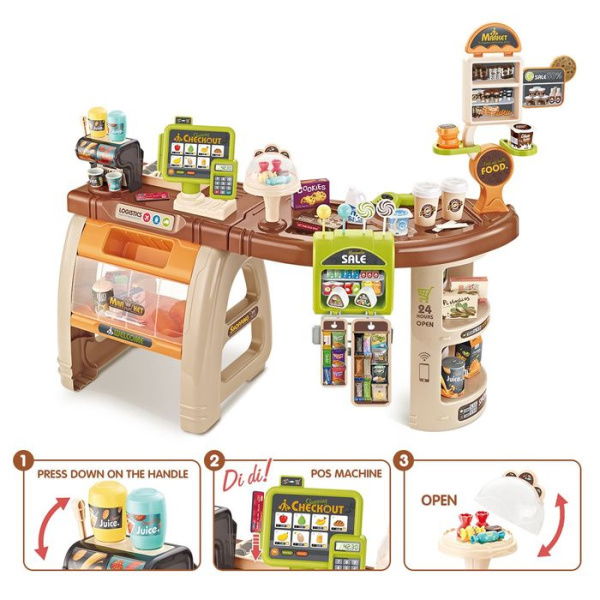 Kids Imagine Develop Toy - 65 Pcs Supermarket Pretend Play Set With Good Trolley Scanner POS Machine Etc.