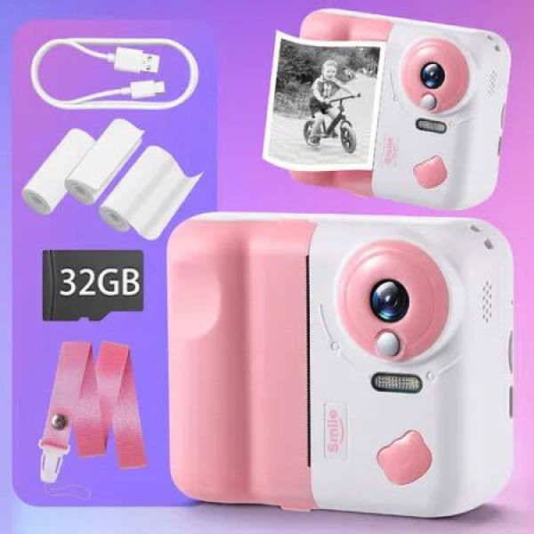 Kids Instant Camera Compact Digital 1080P HD Video Portable Selfie Photo Print Outdoor Play Travel Childrens Toys Christmas Birthday Gifts 32G SD Card