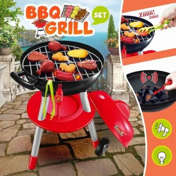 Kids Kitchen BBQ Grill Barbeque Playset Pretend Play Set with Cooking Food Utensils Sound Lighting Charcoal 46x40x60cm