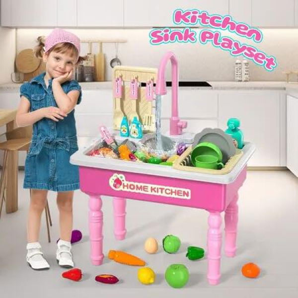 Kids Kitchen Sink Toy Set Wash Basin Faucet Tap Playset Active Centre Pretend Role Play Imaginative Simulation Unit Auto Water Circulation System