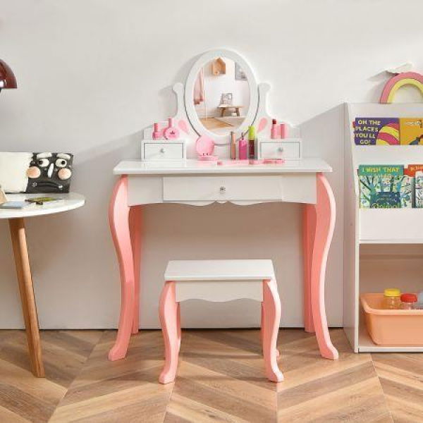 Kids Makeup Table Stool Set With Mirror Drawer For Bedroom