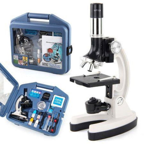 Kids Microscope Set with 1200X Magnification and 28 Pieces Educational Science Kit with Plastic Slides Carrying Box for Learning