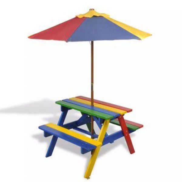 Kids Picnic Table & Benches With Parasol In Four Colors.