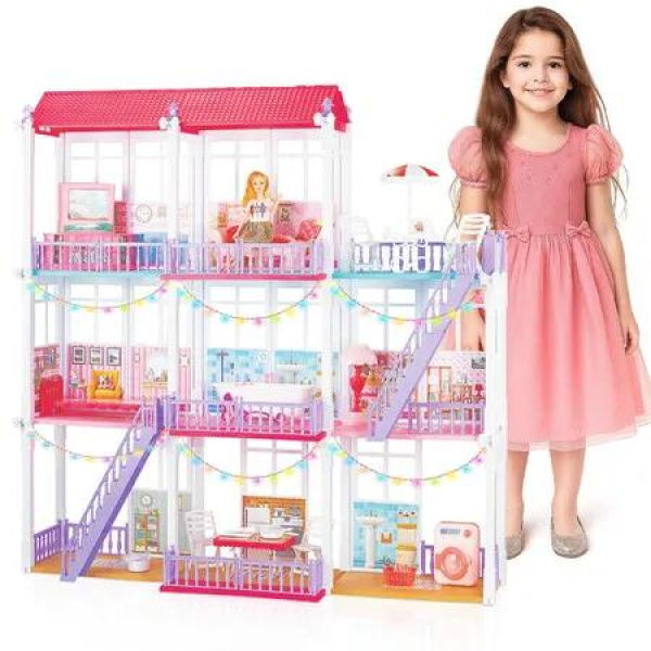 Kids Play Doll House Dream Furniture Princess Castle Children Learning Education Pretend Toys Dollhouse String Lights Playset 3 Levels 8 Rooms
