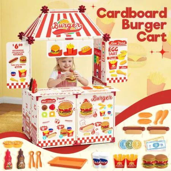 Kids Pretend Play Kitchen Set DIY Fort Building Kit Child Construction Educational Creative Burger Food Toys Cart STEM Learning Gift Cardboard Plastic