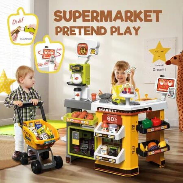 Kids Pretend Play Shop Grocery Supermarket Playset Shopping Trolley Cash Register Scanner Stall Role Plays Food Money 65Pcs