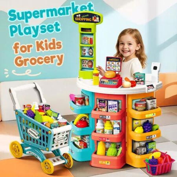 Kids Pretend Play Toys Set Market Shop Grocery Store Supermarket Playset Shopping Trolley Cash Register Scanner Stall Education Role Plays Food 76Pcs