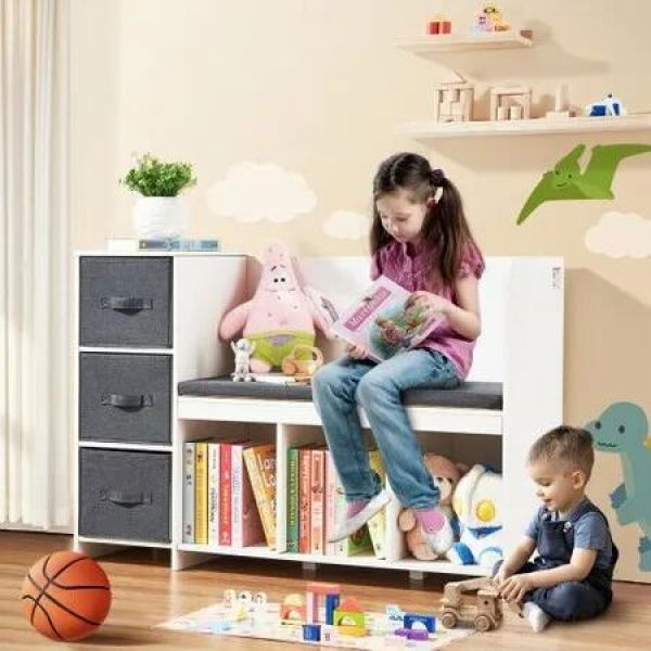 Kids Reading Nook Bench 6-Cubby Storage Bookshelf with Seat Cushion White
