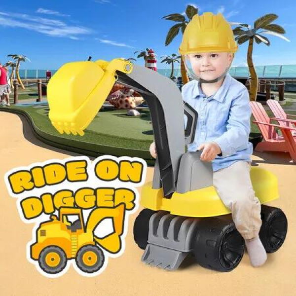 Kids Ride On Digger Bulldozer Excavator Pretend Play Toddler Car Construction Truck Riding Toy Outdoor Beach 63x30x49cm