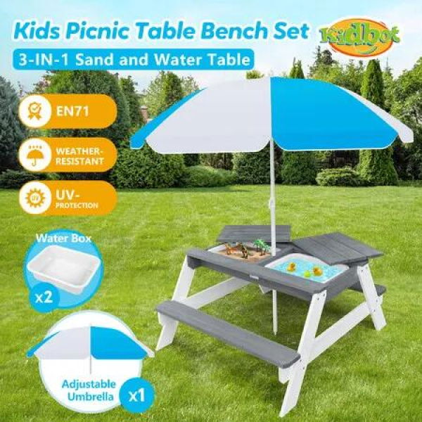 Kids Sand Water Table Chairs Set 3in1 Childs Outdoor Activity Desk Bench Childrens Picnic Craft Furniture Wooden Sensory Play Centre with Umbrella