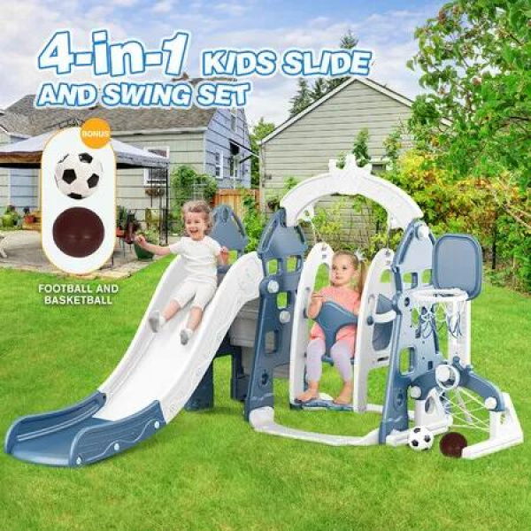 Kids Slide Swing Set 4 in 1 Ladder Climber Basketball Hoop Playground Activity Centre Steps Stairs Indoor Outdoor Freestanding Playset Toy