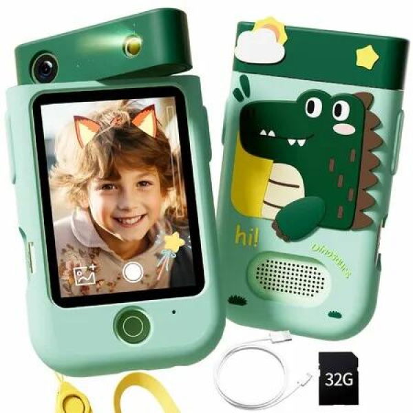 Kids Smart Phone 2.8In Touchscreen Toddler Learning Cell Toy Phone with Rotating Camera,Game,Music Player,32G SD Card,Gift for 3+ Kids-Green