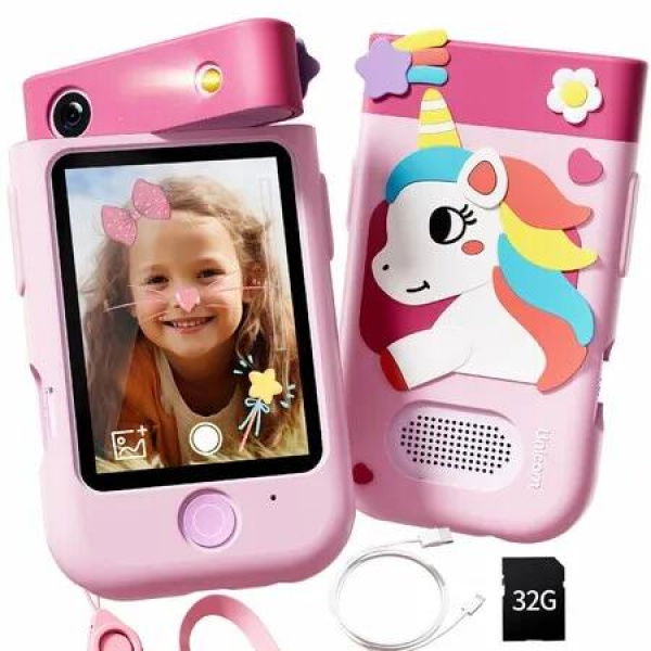 Kids Smart Phone 2.8In Touchscreen Toddler Learning Cell Toy Phone with Rotating Camera,Game,Music Player,32G SD Card,Gift for 3+ Kids-Pink