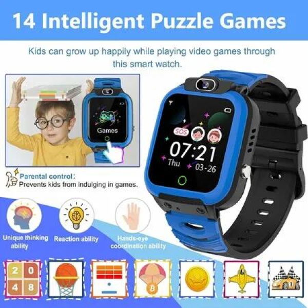 Kids Smart Watch with Phone Functionality, GPS Tracking, and Fun Features for Children Ages 3-14 (Blue)